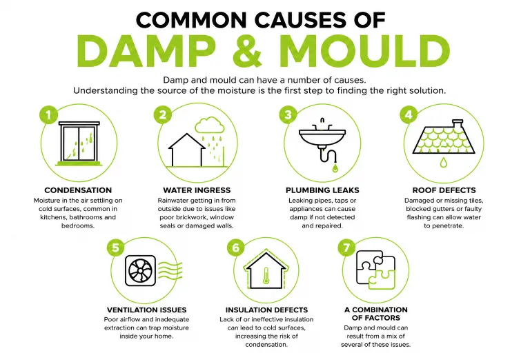 Damp and mould can have a number of causes. Identifying the source of the moisture is the first step towards finding the right solution.
